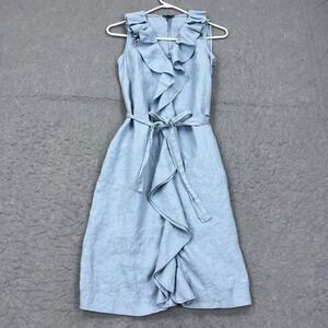Talbots‎ Dress Women's 4 Blue 100% Linen Ruffles V-Neck Sleeveless Tie Pockets